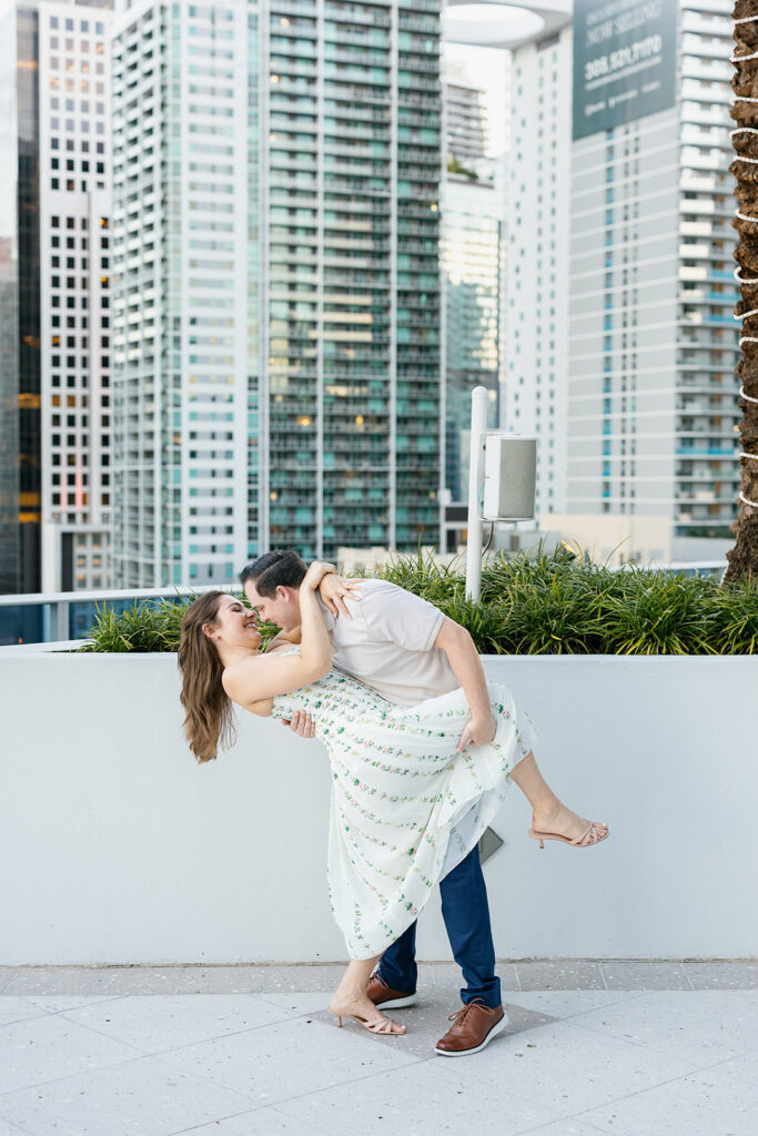 Modern architecture and palm trees of a luxury Miami city weddings district.